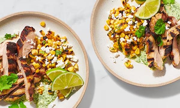 Grilled Lemon-Brined Chicken Thighs with Charred Indian-Style Street Corn and Mint Chutney