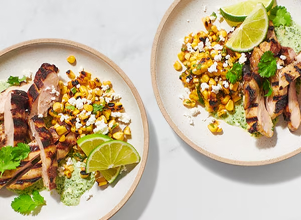 Grilled Lemon-Brined Chicken Thighs with Charred Indian-Style Street Corn and Mint Chutney