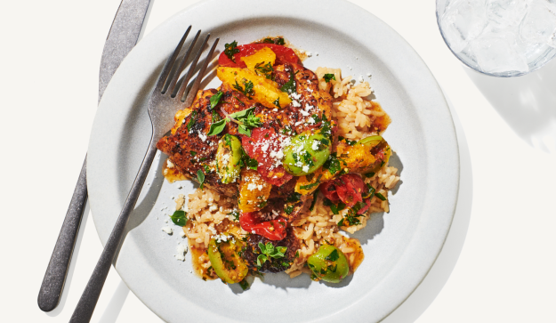 Braised Chicken Thighs with Italian Olives, Tomatoes, and Oranges