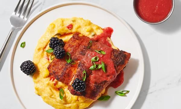 lackened Fish with Triple Corn Grits and Raspberry Hot Sauce
