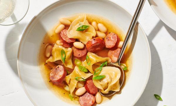 Butterbean Tortellini in a Smoky Andouille White Bean Broth