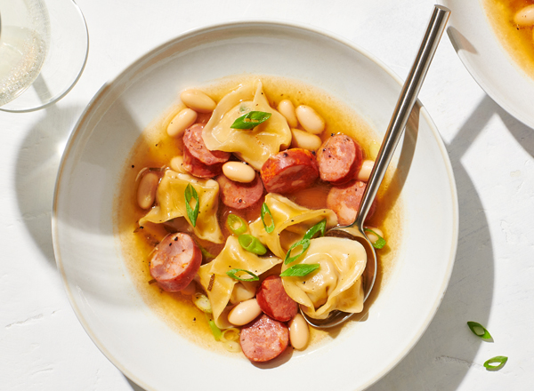 Butterbean Tortellini in a Smoky Andouille White Bean Broth
