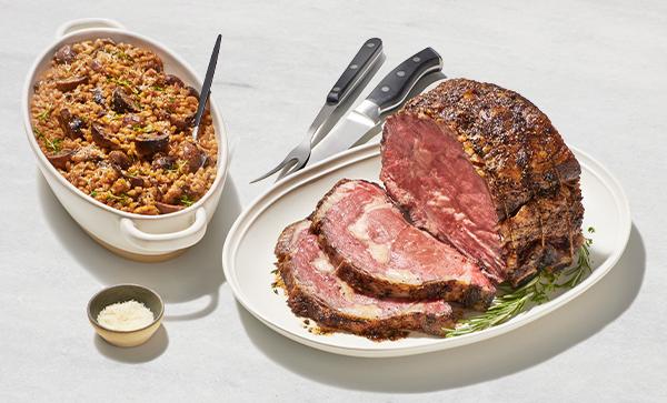 Herb-Rubbed Standing Rib Roast with Oven-Roasted Mushroom Farro Risotto