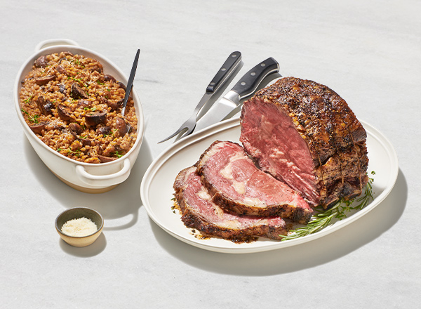 Herb-Rubbed Standing Rib Roast with Oven-Roasted Mushroom Farro Risotto