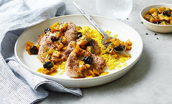 Pan-Seared Pork Tenderloin with Apple Chutney & Saffron Jasmine Rice