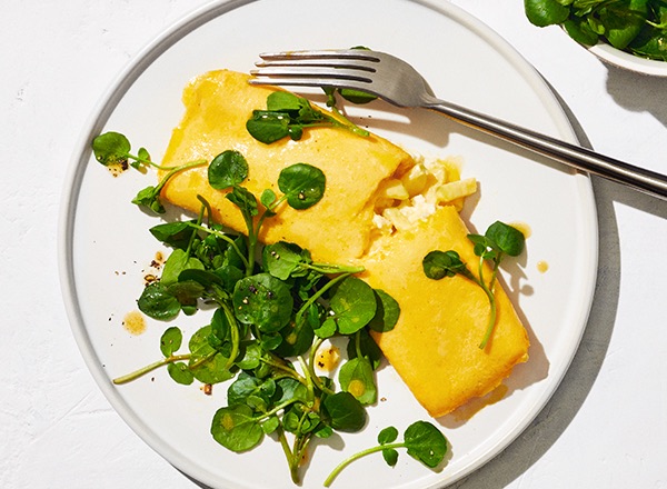 Classic French Omelette with Green Apples, Goat Cheese, and Watercress Salad