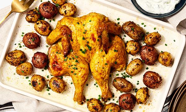 One-Pan Spiced-Yogurt Rubbed Chicken with Herbed Potatoes