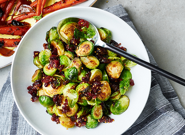 Brussels Sprouts with Cranberry Mostarda and Roasted Carrots with Cumin, Honey & Chiles