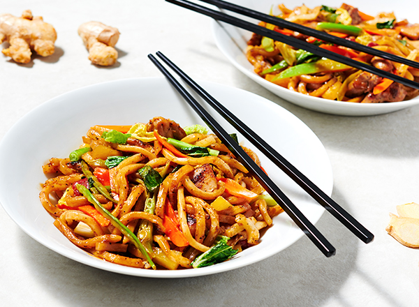 Sweet and Sour Gingered Chicken with Asian-Style Vegetables and Udon Noodles