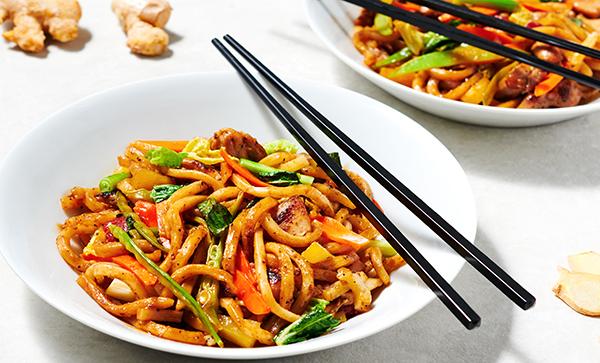 Sweet and Sour Gingered Chicken with Asian-Style Vegetables and Udon Noodles