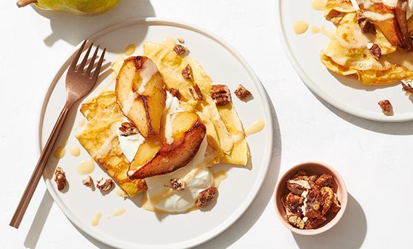 Crepes with Greek Yogurt, Caramelized Pears, and Candied Pecans