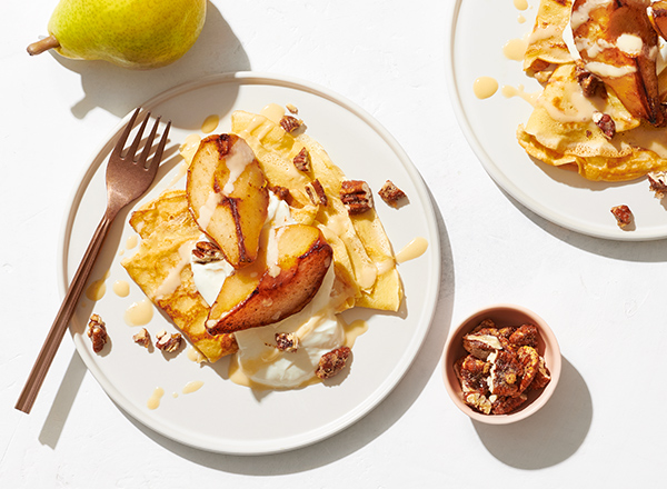 Crepes with Greek Yogurt, Caramelized Pears, and Candied Pecans