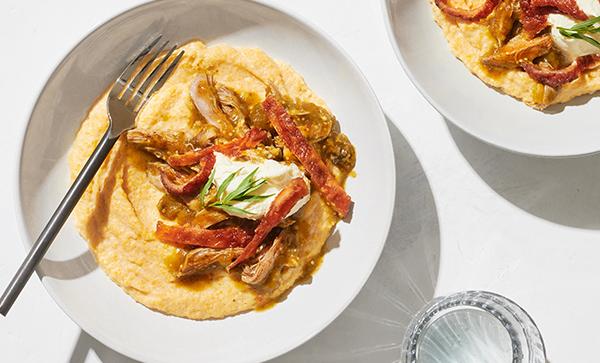 Creamy Yellow Grits with Salsa Verde Duck and Garlic-Herb Crema