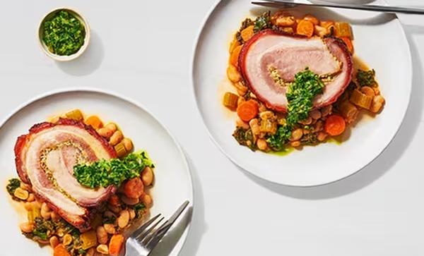 Roasted Pork Belly with Salsa Verde, and Garlicky White Bean Stew