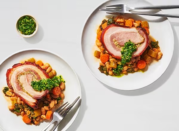 Roasted Pork Belly with Salsa Verde, and Garlicky White Bean Stew