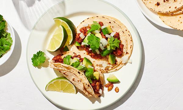 Tempeh Chorizo-Flavored Street Tacos with Avocado, Onion, Cilantro & Lime