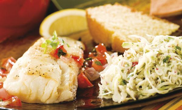 Image of Pan-Fried Fish and Tomatoes with Cabbage Radish Slaw recipe