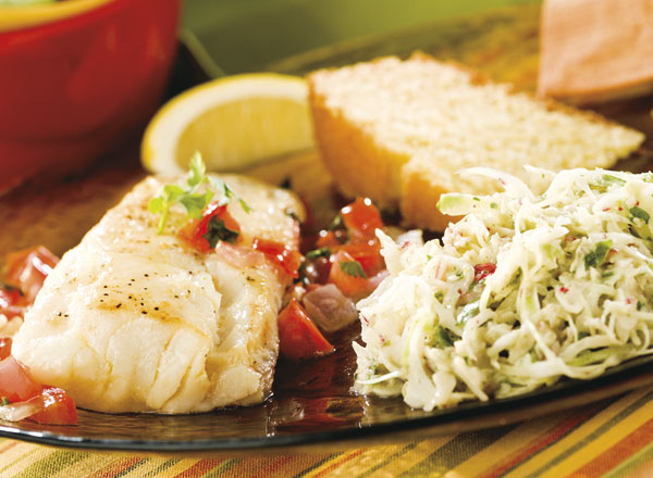 Image of Pan-Fried Fish and Tomatoes with Cabbage Radish Slaw recipe