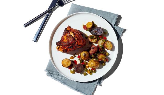 Achiote-Marinated Chicken with Roasted Potatoes and Peppers