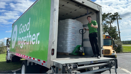 Publix truck unloading supplies for hurricane relief.