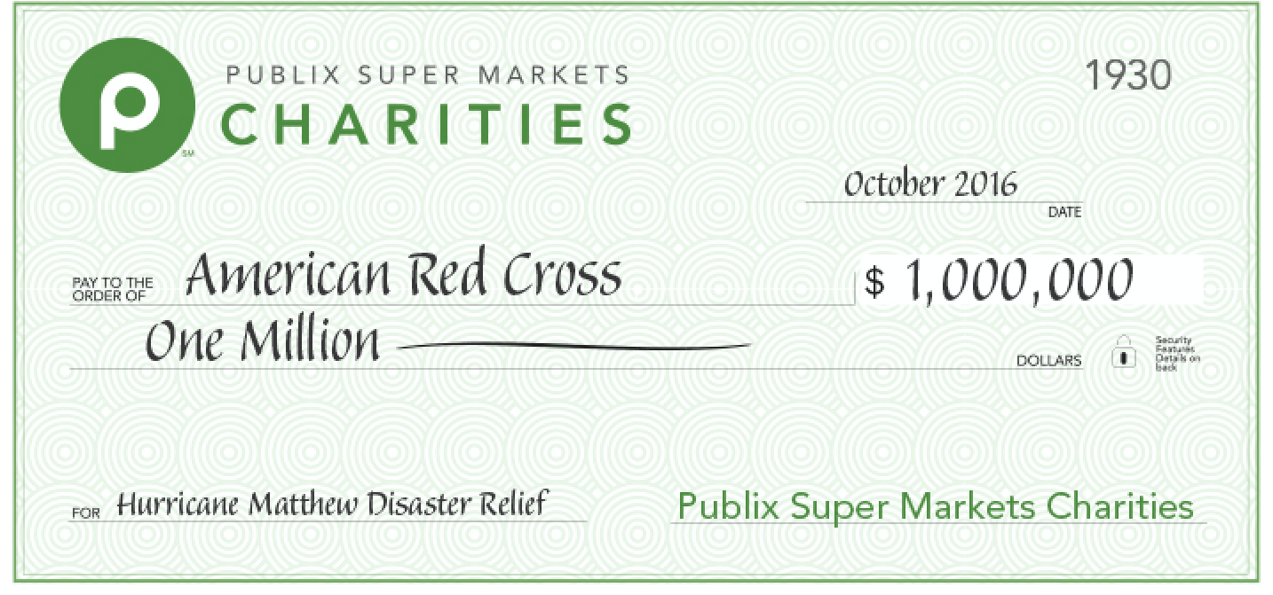 publix charities check to american red cross for $1 million hurricane relief