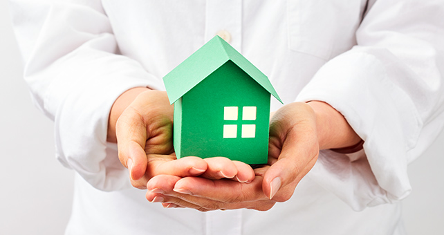 hands holding a green paper house