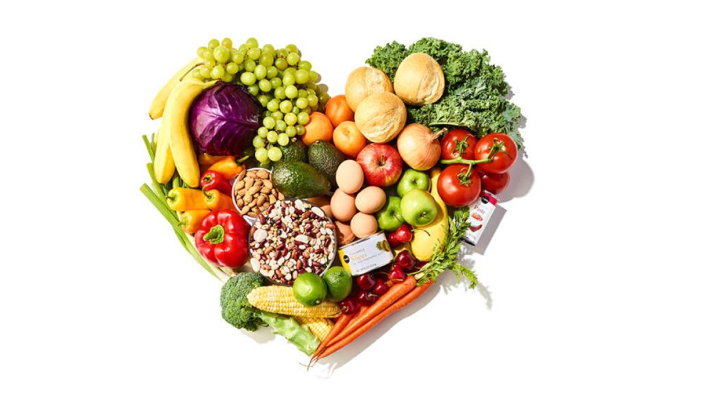 fresh donated food gathered in the shape of a heart