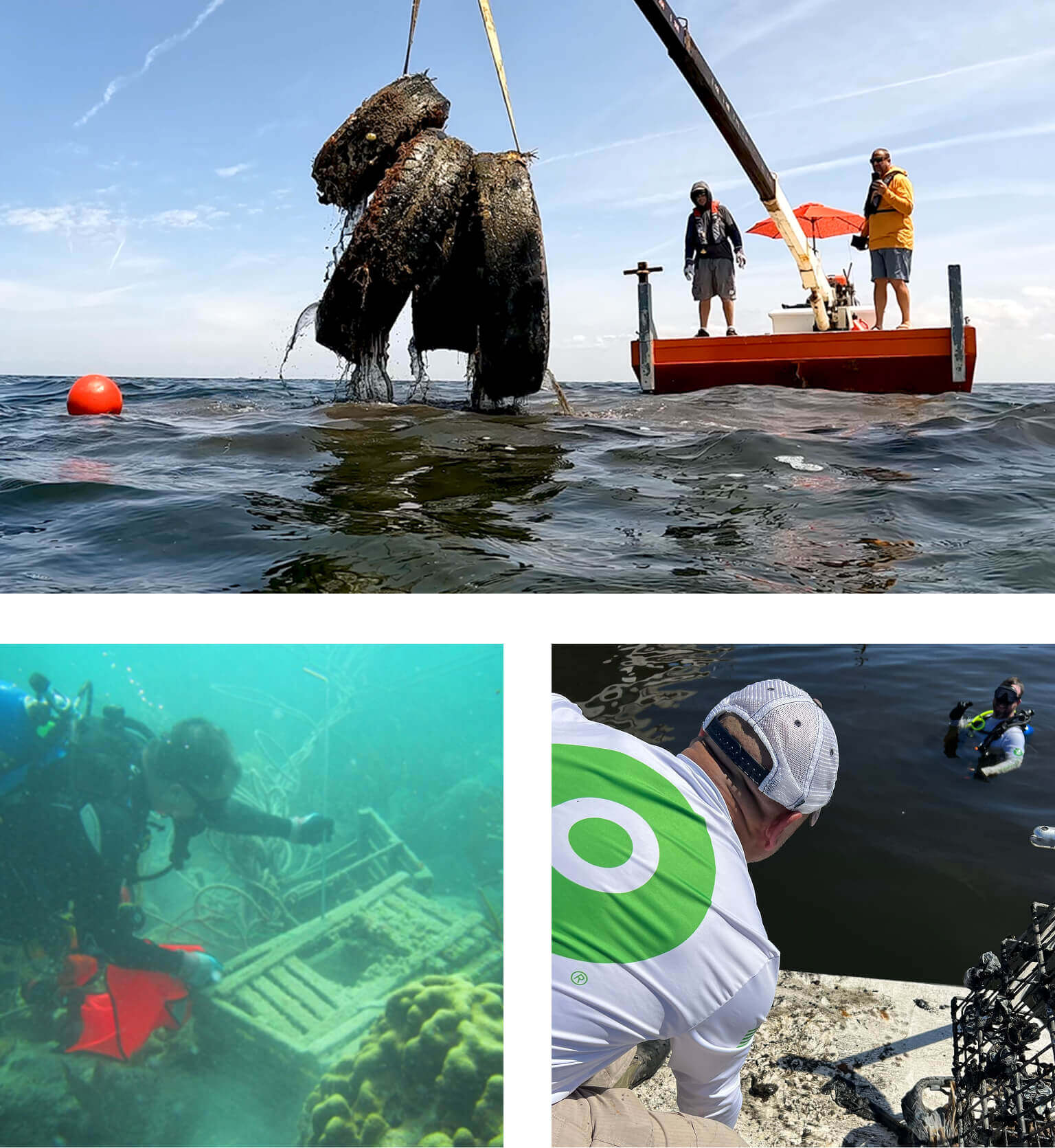 three images show debris such as tires, crab trabs, and rope being removed from the ocean