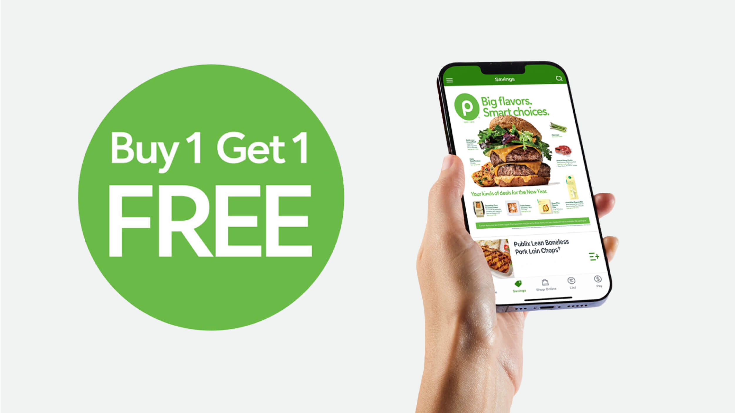 Buy 1 Get 1 Free icon with a hand holding a phone showing the weekly ad