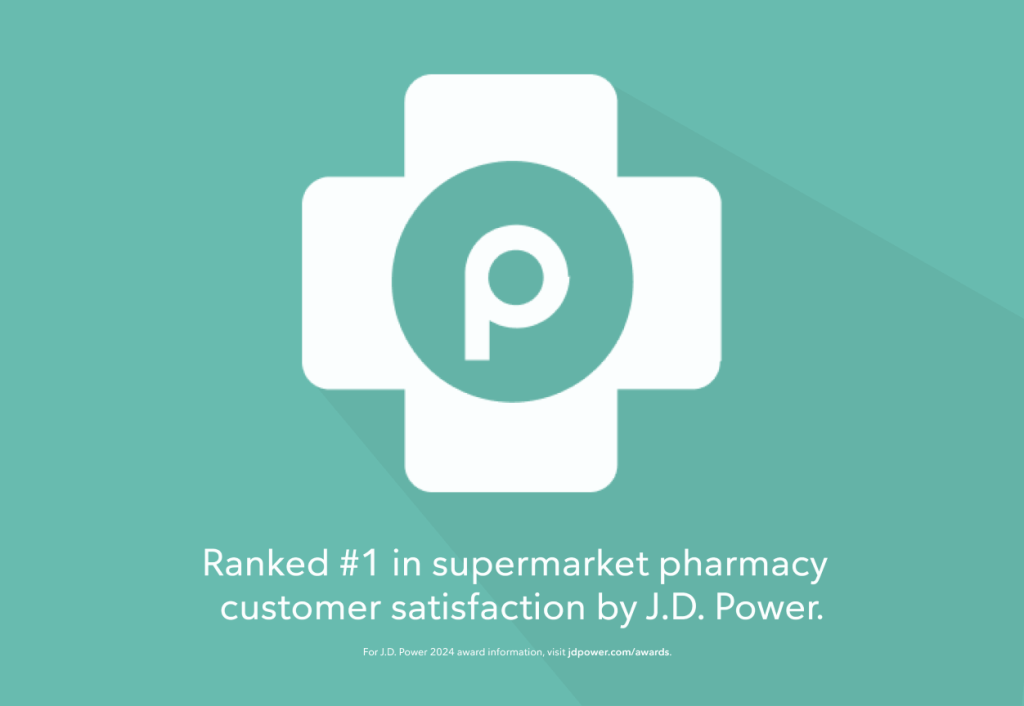 Publix pharmacy logo. Ranked #1 in supermarket pharmacy customer satisfaction by J.D.