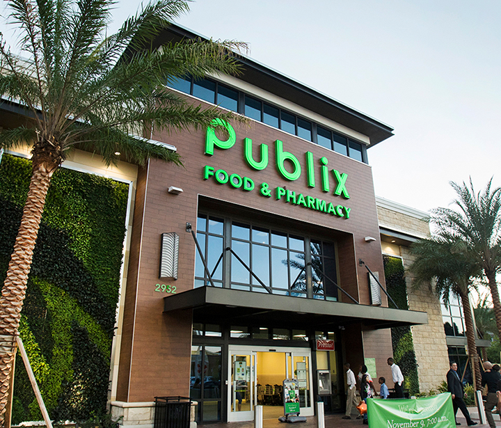 Publix storefront with palm trees