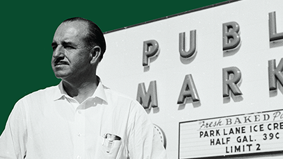 back and white photo of Mr. George in front of Publix Super Markets sign