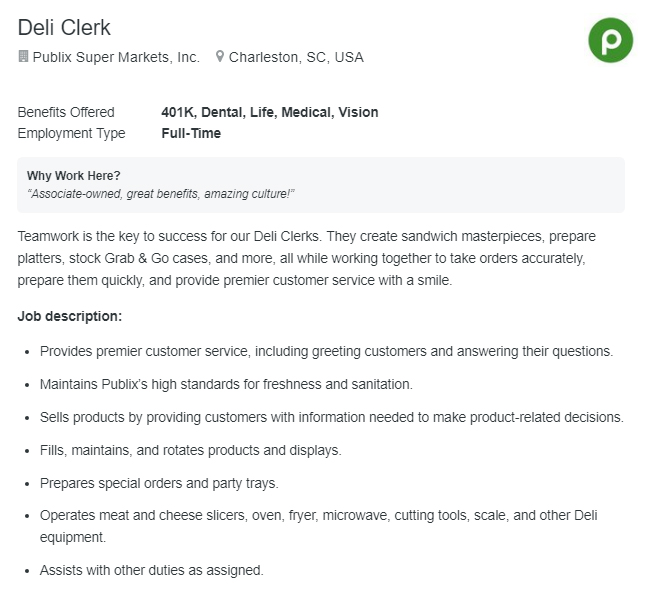 Example of a deli clerk job posting from the Publix jobs website