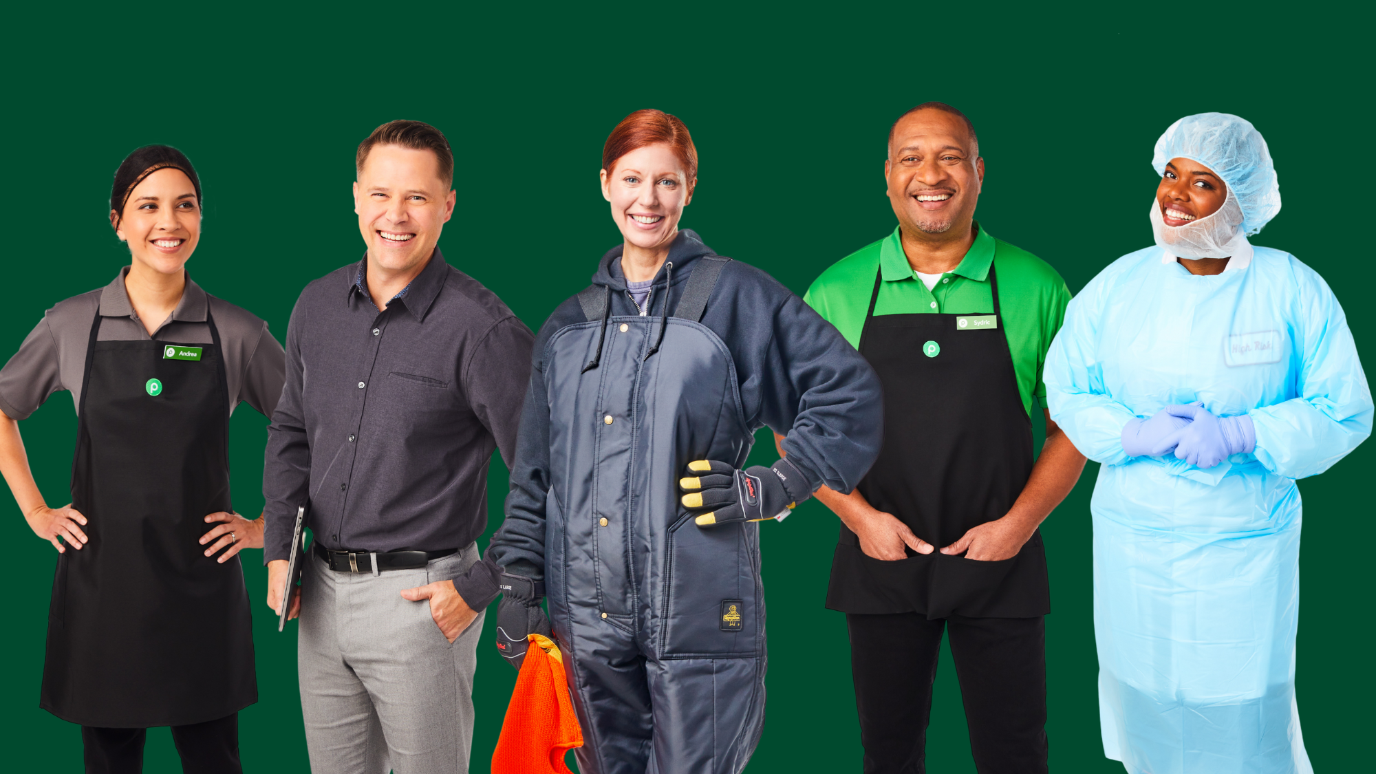 group of five publix associates in various uniforms