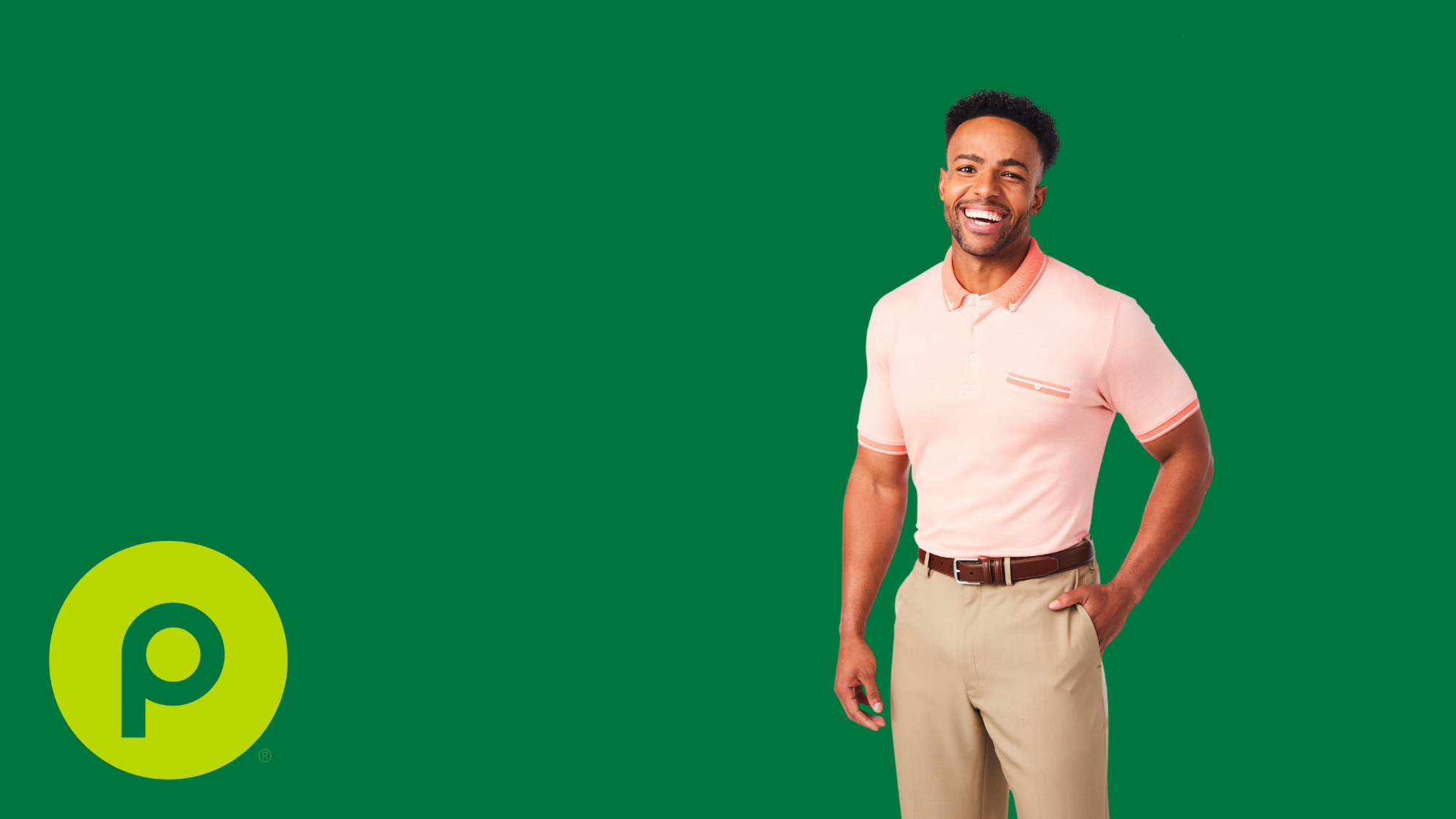 Publix associate in professional wear next to a green publix P logo