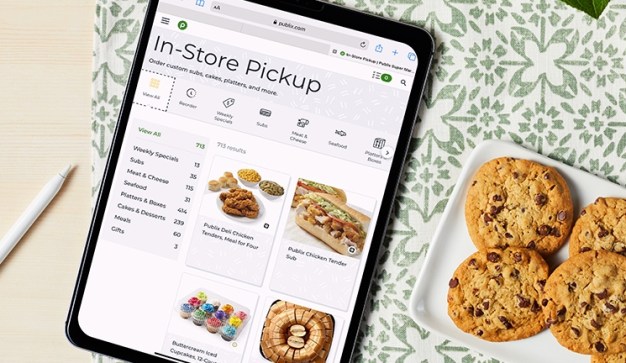Image of In-Store Pickup showing on a tablet with chocolate chip cookies showing