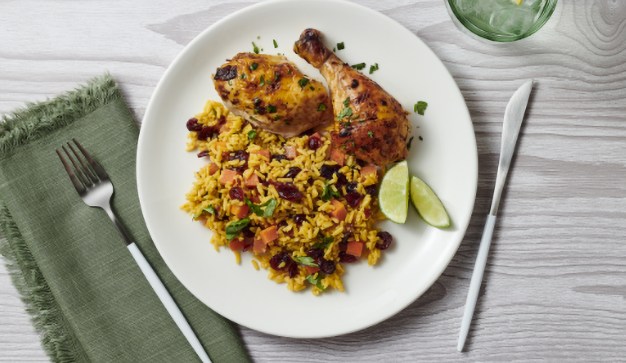 Whole Roasted Chicken with Adobo, Lime, and Cilantro & Vegetable Yellow Rice