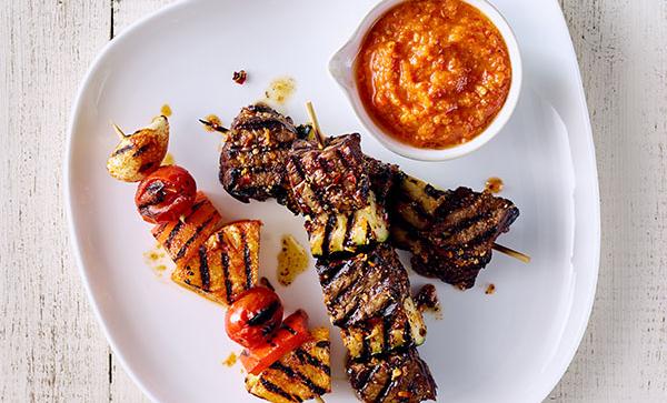 Spicy Beef and Zucchini Skewers with Pineapple Romesco
