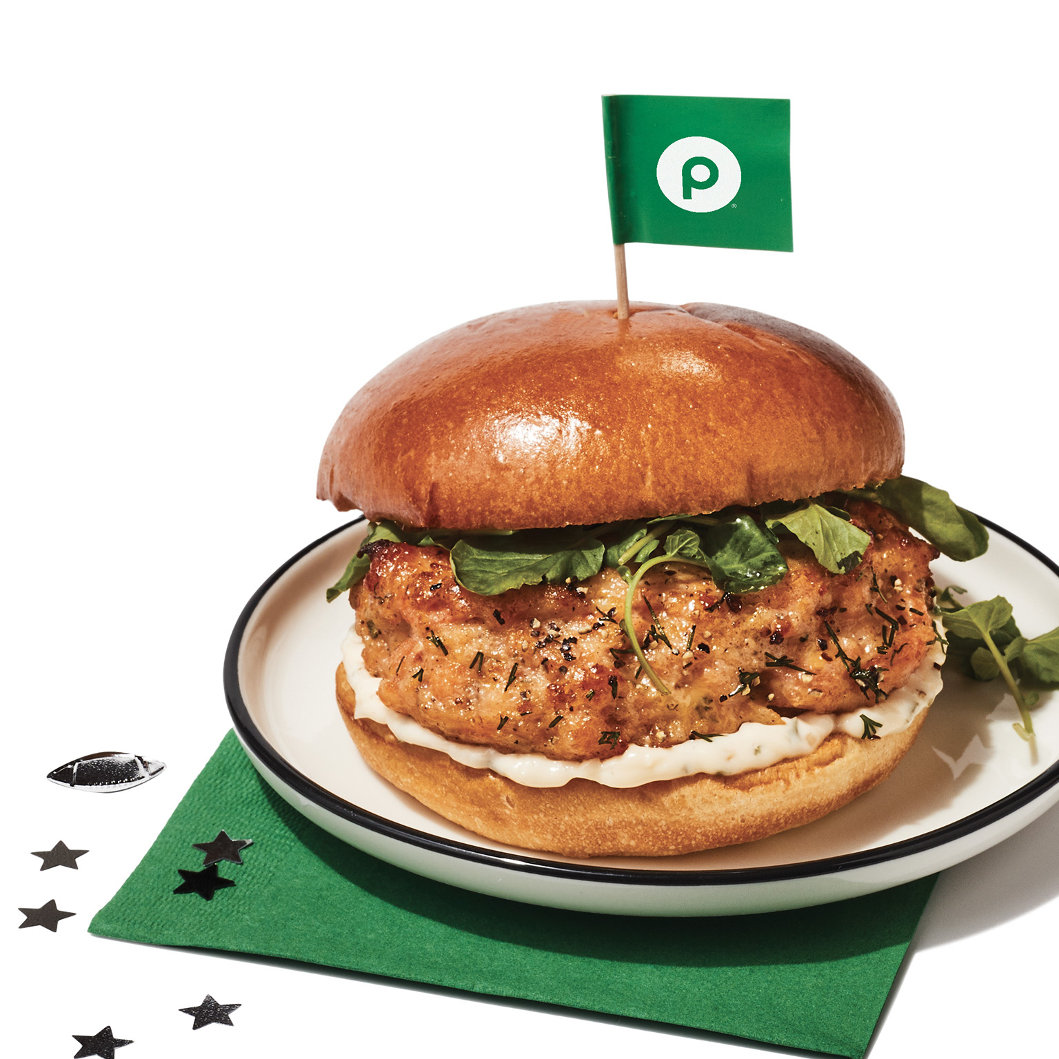 chicken sandwich with green flag